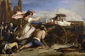 Agustina de Aragón during the siege of Zaragoza, in a painting by David Wilkie in 1828.