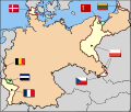 凡尔赛和约签署后的德国 绿色地区为萨尔及但泽，由国际联盟托管 黄色地区为根据条约、公投或国联要求转移予邻国 橙色地区为德国保有的领土