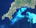 Image 114This algae bloom occupies sunlit epipelagic waters off the southern coast of England. The algae are maybe feeding on nutrients from land runoff or upwellings at the edge of the continental shelf. (from Marine habitat)