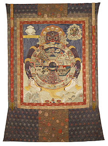 Représentation bouddhiste de la roue de l'existence, avec l'affichage des six royaumes d'existence. Représentation sur un tissu de soie