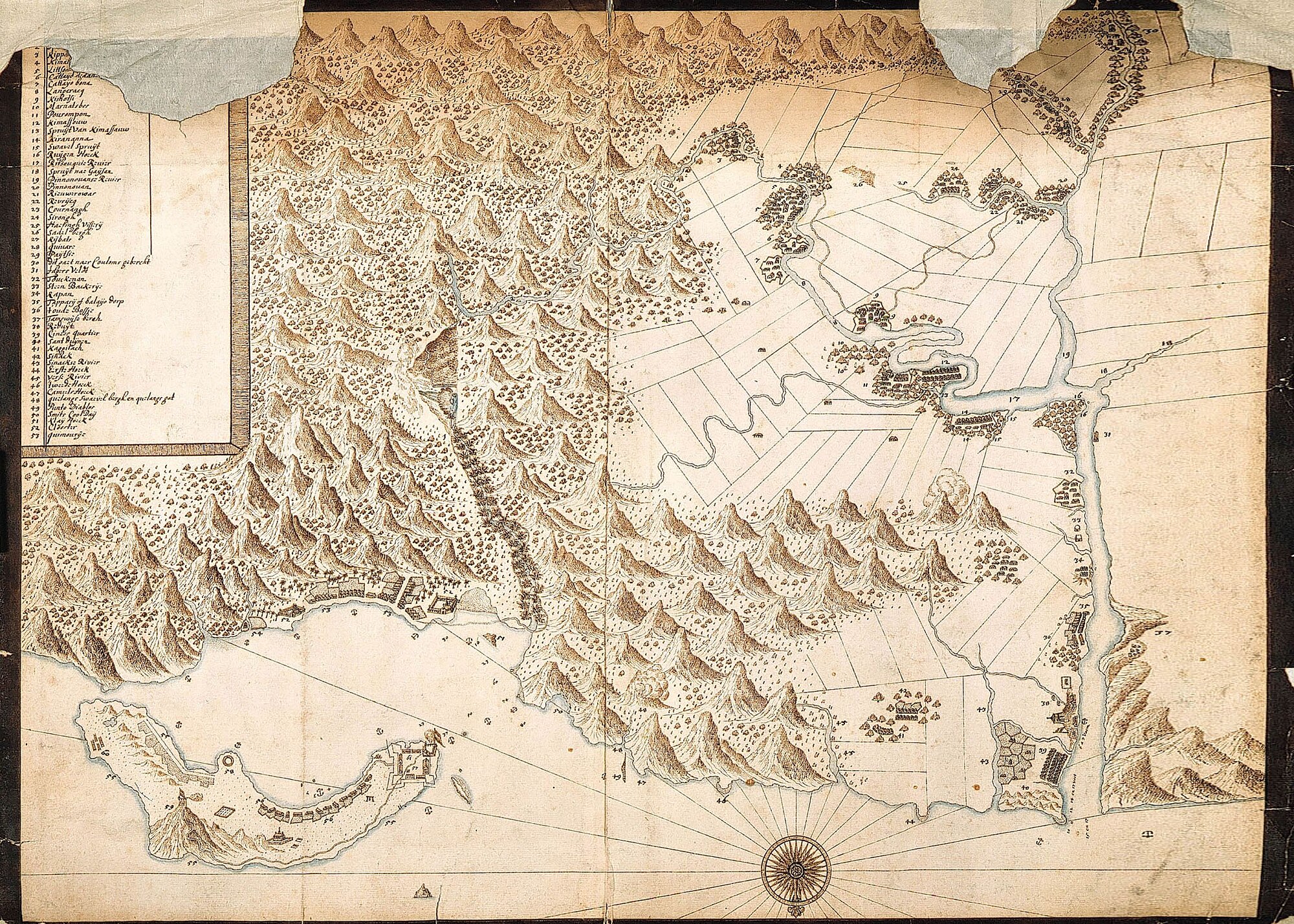 1654年由荷蘭人所繪之淡水古地圖，其中有尖頂的地堡即為安東尼堡