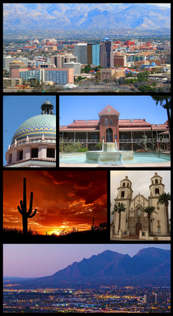 從左上角至右下角：图森市中心的天際線，皮馬縣法院，亞利桑那大學，薩瓜羅國家公園，聖奧古斯丁大教堂，聖卡塔利娜山