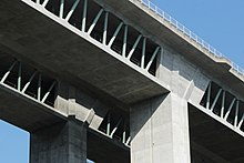 新清水JCT - 新静岡IC間に位置する猿田川橋と巴川橋。静岡市街から一望できる場所にあるこの橋は、竜爪山の麓に位置し、山岳地形に溶け込む橋梁形式が求められた[395]。このことから、通常はコンクリートである箱桁側面を透過性のあるトラスに置き換えた[396]。柱頭部はトラスのイメージでV字とした。