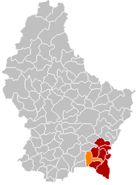 达尔海姆在卢森堡地图上的位置，达尔海姆为橙色，雷米希县为深红色
