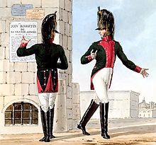 Print showing two troopers of the French 10th Dragoon Regiment in green coat with crimson facings, white breeches, and black boots.