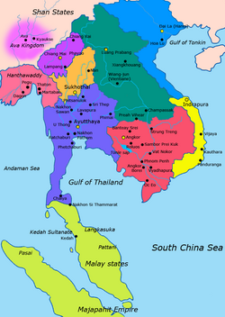 图中标有Ava Kingdom的淡紫色部分即阿瓦王朝大致疆域图