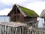 Reconstruction of a pile house at the Pfahlbau Museum Unteruhldingen on Lake Constance in Germany