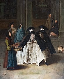 La Venditrice di essenze, Pietro Longhi, Ca' Rezzonico. La femme et l'homme, au centre, portent la bauta.