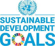 聯合國可持续发展目标的標誌，上面有聯合國的標誌，下方有Sustainable Development Goals的文字，其中的字母O，上面有彩虹的顏色