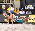Image 17Unlike indoor volleyball, beach volleyball is played on soft sand which makes it safer for players to dive. Picture shows Nick Lucena of the United States diving to "dig" the ball. (from Beach volleyball)