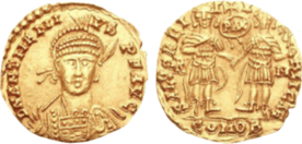 Solidus of Anthemius – RIC X 2804. AD 467–472. Rome mint. Struck AD 471–472. D N ANTHEMI-VS P F AVG, pearl-diademed, helmeted, and cuirassed facing bust, holding spear in right hand, on left arm a shield decorated with horseman motif / SALVS REI-P-V-BLICAE, Anthemius and Leo I, holding Victory on globe in right hand, standing facing, clasping hands; between them PAX within wreath surmounted by cross; R-M//COMOB.