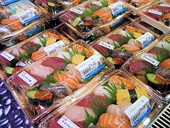 Nigirizushi for sale at a supermarket in Tokyo