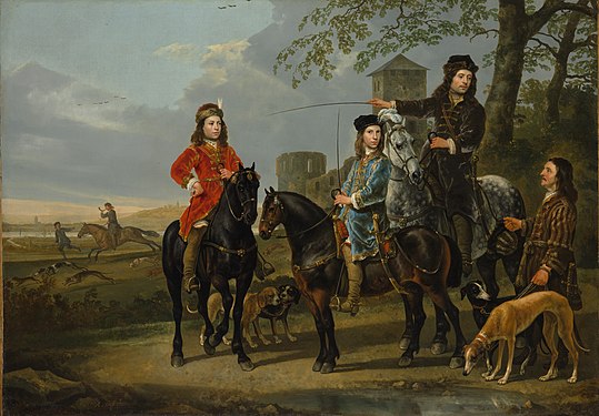 《科内利斯和米希尔·蓬珀·范梅尔德福特与他们导师和车夫的骑马肖像》 (1653年之前) 藏于大都會藝術博物館