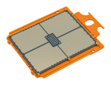 Oblique view of an AMD Ryzen Threadripper 7970X with golden-colored surface areas