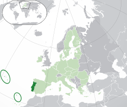 葡萄牙的位置（深绿色） – 欧洲（浅绿色及深灰色） – 欧盟（浅绿色）