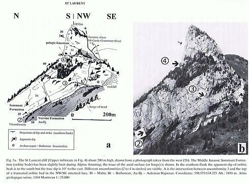布里昂松奈北部边缘连续的角度不整合面和冲积扇。沙布莱阿尔卑斯山脉500万年前的中侏罗纪期间，影响了从道格统到麻姆统650米的沉积物。