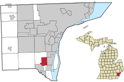 伍德黑文在韋恩縣及密歇根州的位置（以紅色標示）