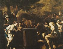 安德烈亞·瓦卡洛（英语：Andrea Vaccaro）的《金牛犢朝拜》（Adorazione del vitello d'oro），208 × 260cm，約作於1640－1642年[59]