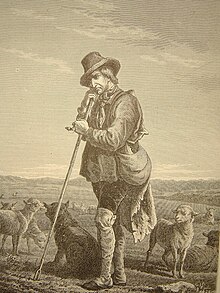 gravure d'un homme appuyé sur son bâton, avec son chien, au milieu d'un troupeau de moutons