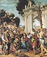 切薩雷·達·賽斯托（英语：Cesare da Sesto）的《三博士來朝（義大利語：Adorazione dei Magi (Cesare da Sesto)）》，326 × 270cm，約作於1516－1519年，來自墨西拿賢人聖尼可洛教堂（義大利語：Chiesa di San Nicolò dei Gentiluomini）[24]