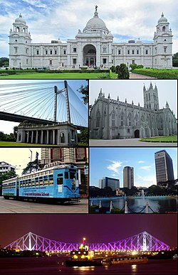 由上方顺时针：维多利亚纪念堂、圣保罗座堂、中心商业区、豪拉大桥、有轨电车、维迭萨伽尔大桥
