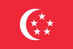 A white crescent and five stars (arranged in a pentagon) centered on a red background