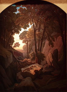 Peinture représentant une grotte dans des couleurs sombres s'ouvrant sur une forêt, avec au loin l'horizon et la lumière