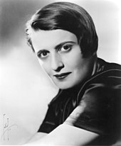 Black and white photo of Ayn Rand
