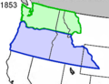 1853年的俄勒岡領地（藍色）和華盛頓領地（綠色）