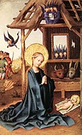 斯蒂凡·罗赫纳（英语：Stefan Lochner）的《耶穌的誕生（西班牙语：Adoración del Niño Jesús (Stephan Lochner)）》，37.5 × 23.6cm，約作於1445年，1961年購入[11]
