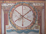 Reconstruction of Chi-Rho fresco from Roman villa at Lullingstone, including Alpha and Omega.