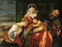 羅倫佐·洛托（英语：Lorenzo Lotto）的《亞歷山大的加大肋納的神祕婚姻（英语：Mystic Marriage of Saint Catherine (Lotto, Munich)）》，71.3 × 91.2cm，約作於1506-1507年，來自符茲堡宮的收藏[28]
