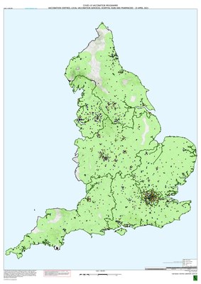 英格蘭地區接種點分佈圖（2021年5月）