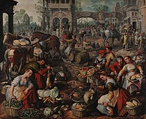 約阿希姆·博卡利亞（英语：Joachim Beuckelaer）的《廣場上的市集》（Mercato in piazza），136.5 × 165.5cm，約作於1566年，來自法爾內塞家族的藏品[41]