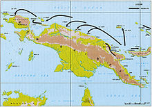 Carte topographique de l'île de Nouvelle-Guinée avec des flèches indiquant l'avancée alliées le long de la côte nord.