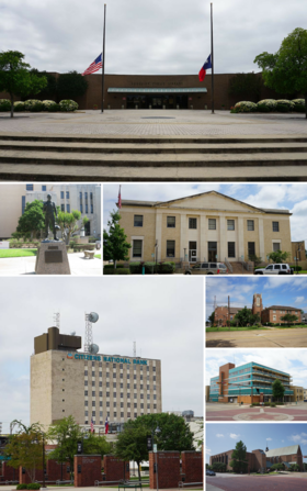 從上至下，左至右：朗維尤公共圖書館、退伍軍人紀念碑、郵政局、國民銀行、第一長老會教堂、石油大廈、第一浸信會教堂