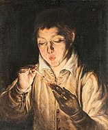 艾爾·葛雷柯的《吹蠟燭的男孩（義大利語：Ragazzo che soffia su un tizzone acceso）》，60.5 × 50.5cm，約作於1575年，來自法爾內塞家族的藏品[40]