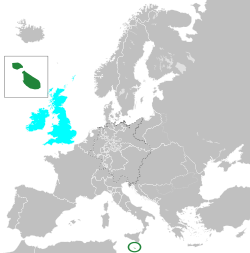 1815年的歐洲，深綠色部分為馬爾他，青色為聯合王國