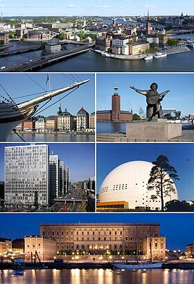 斯德哥尔摩老城、船桥码头、斯德哥尔摩市政厅、干草广场楼群、爱立信球形体育馆和斯德哥尔摩王宫。