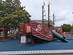 Junk-themed play structure at Lincoln Square Park