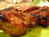 Char siu is often marinated with plum sauce and honey for sweet flavour