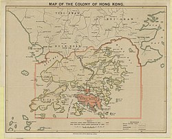1842年割香港岛（红色），1860年割九龙半岛（红色），1898年租借新界（红框内）
