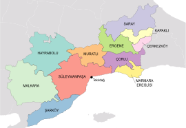 Map showing Çorlu District in Tekirdağ Province
