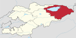 伊塞克湖州在吉爾吉斯斯坦的位置，伊塞克湖以藍色顯示