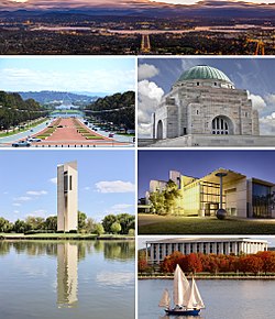 從左上角到右下角——從安斯利山（Mount Ainslie）遙望坎培拉、舊國會大廈和新國會大樓的地軸線、澳洲戰爭紀念館、國家鐘樓、澳洲國立美術館和澳洲國立圖書館