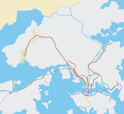 一幅按真實比例繪制的香港地圖，上面只標示著香港捷運系統的路線。