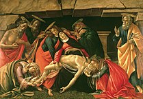 山德羅·波提且利的《哀悼基督（英语：Lamentation over the Dead Christ (Botticelli, Munich)）》，140 × 207cm，約作於1495-1500年，1841年路德維希一世由烏菲茲美術館購得的收藏[20]
