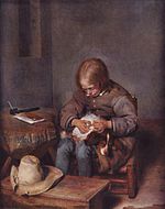 傑拉德·特爾博赫（英语：Gerard ter Borch）的《幫狗抓跳蚤的男孩》（Knabe floht seinen Hund），34.4 × 27.1cm，約作於1665年，來自杜塞道夫畫廊的收藏[62]