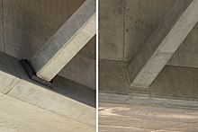 画像左 :中ノ合高架橋下り線側。着色部分が拡幅部分[215]。画像右 :ストラット下部の受け皿（左画像）。当初から完成断面で建設された上り線側には受け皿はない（右画像）。