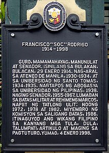 NHCP historical marker dedicated to Soc Rodrigo located at the Rodrigo ancestral house in Bulakan, Bulacan.